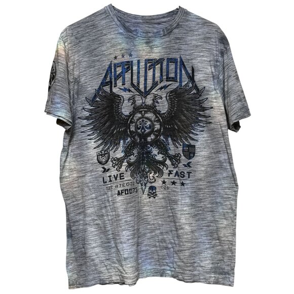 AFFLICTION Live Fast Eagle Bird Logo Grey Blue Short Sleeve T-Shirt Men's size L - Picture 1 of 4